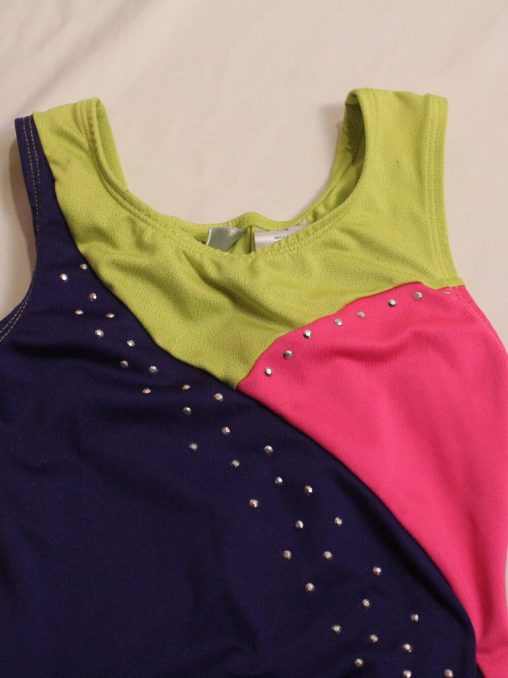 Danskin Neon Lime Pink & Navy Girls Colorblock Rhinestone Tank Bodysuit - Picture 2 of 7